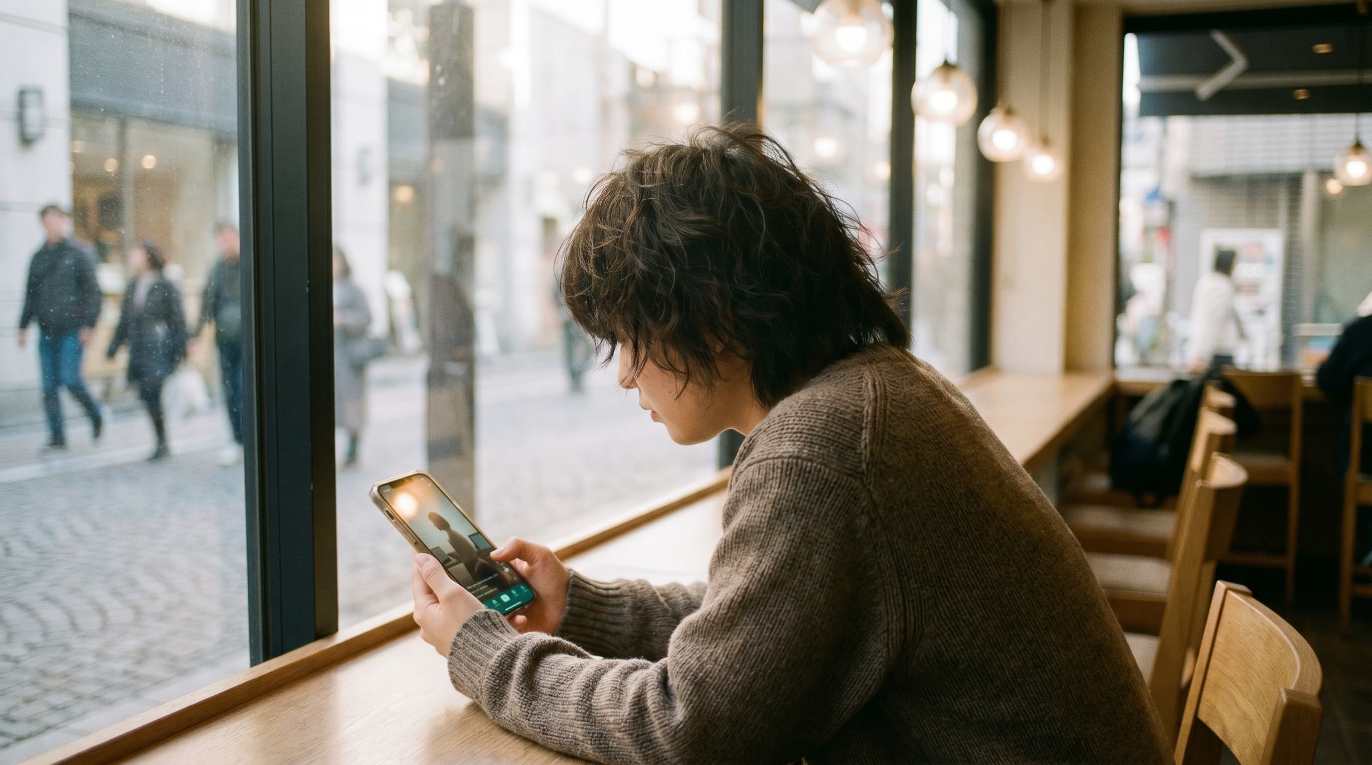 カフェで就活動画フィードを閲覧する大学生