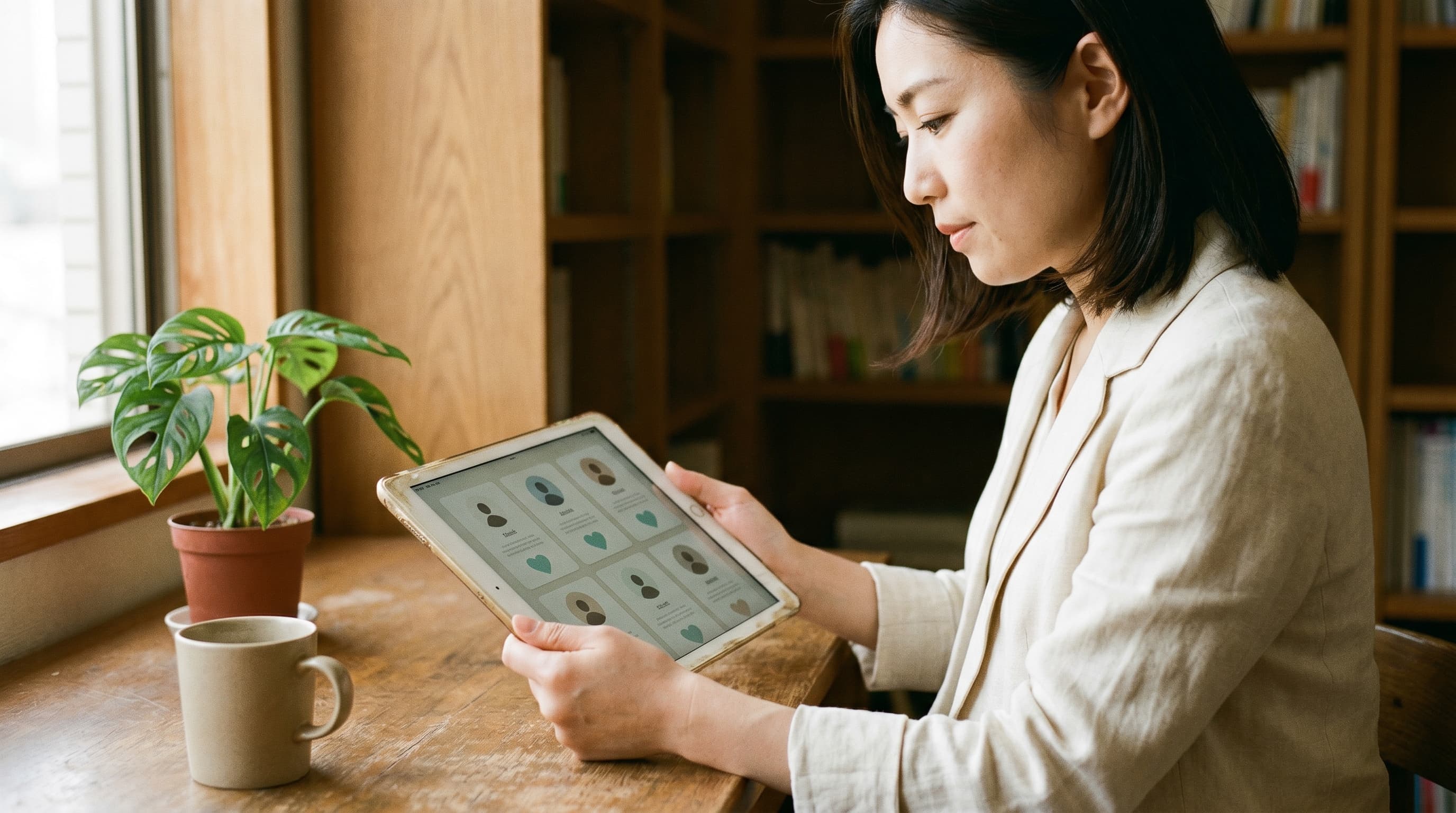 タブレットで学生プロフィール一覧を確認する採用担当者