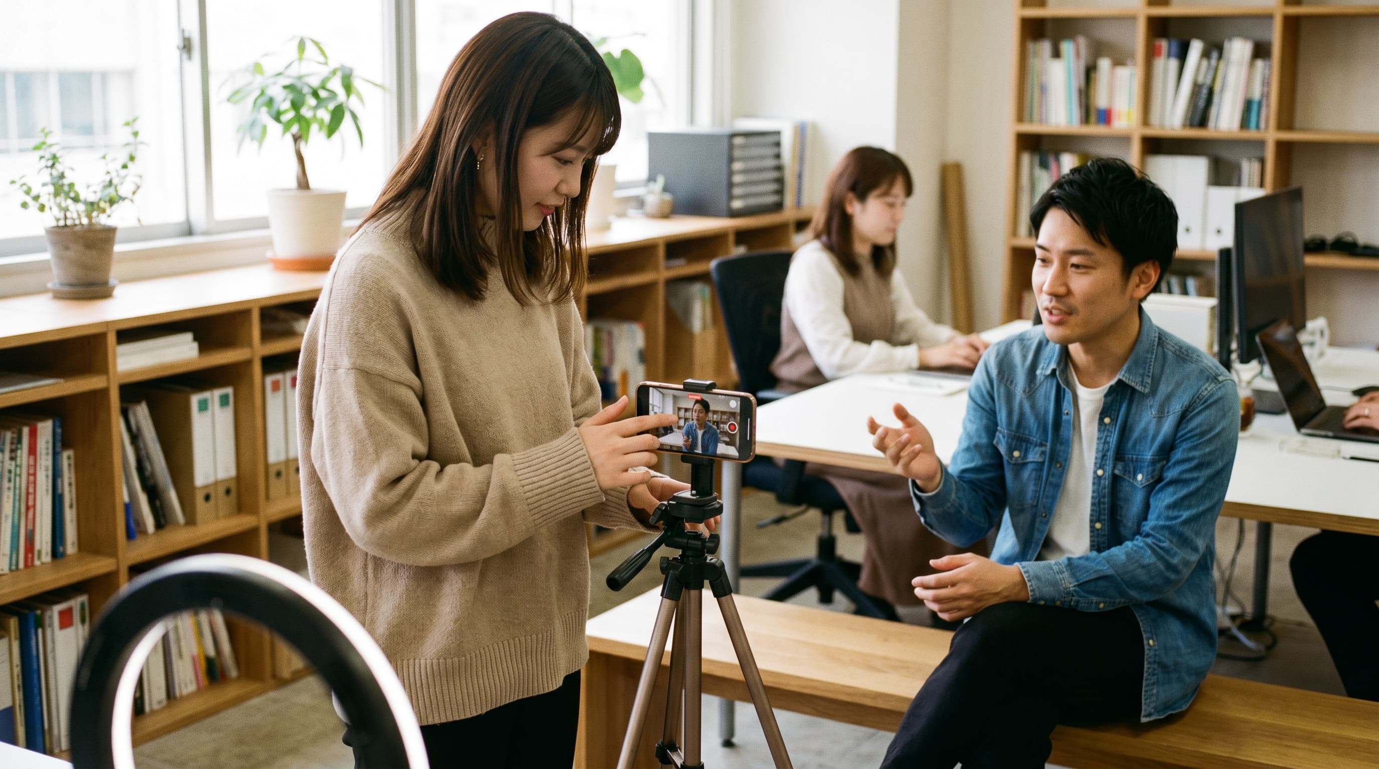 Z世代のクリエイターが社員インタビューを撮影する現場