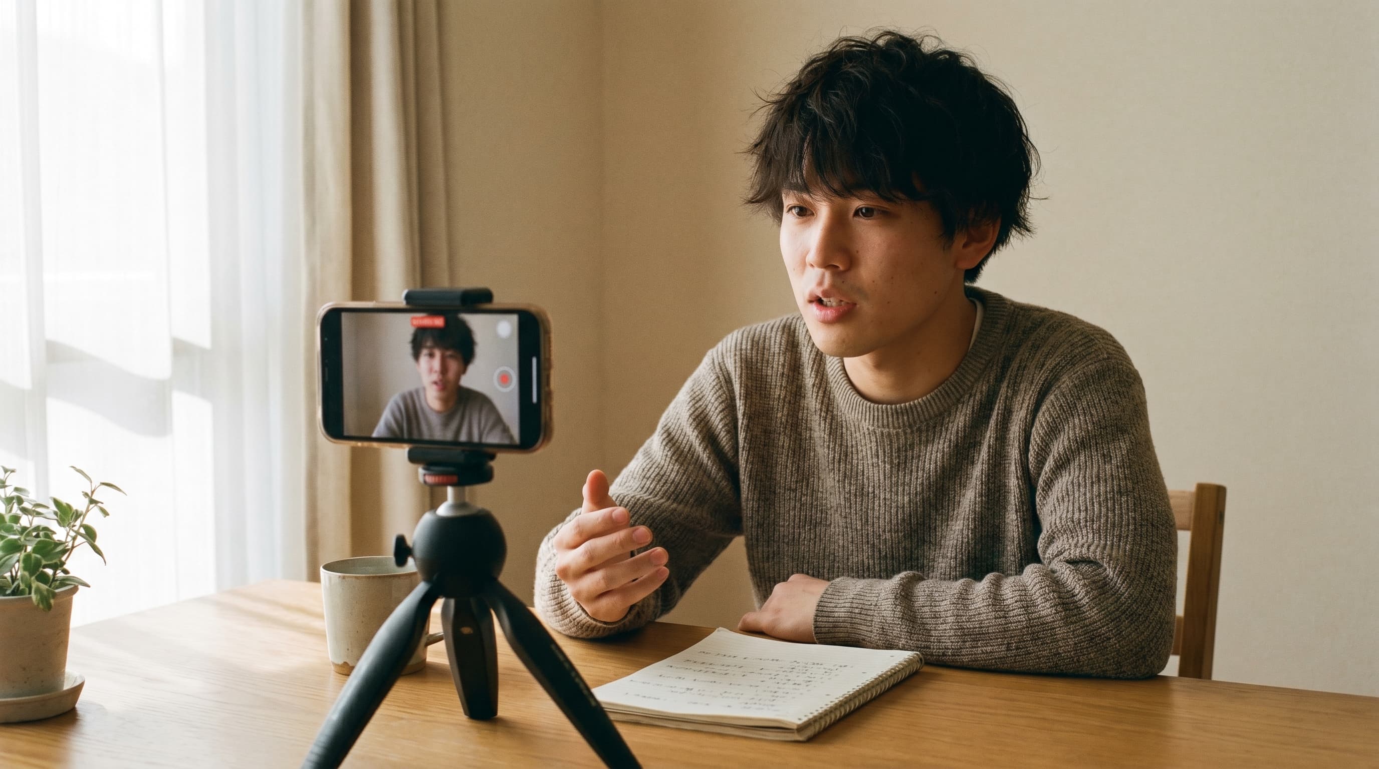 スマートフォン三脚に向かって自己PR動画を撮影する学生